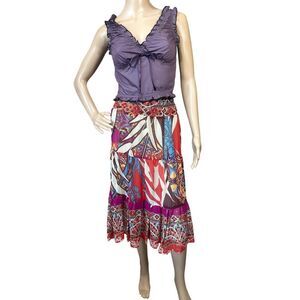 Cache BOHO Tiered Gypsy Festival Colorful Beaded Smock Waist Midi Skirt SZ Large